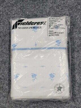 Vintage Fieldcrest No Iron Percale King Size Pillowcases White W/ Blue Flowers
